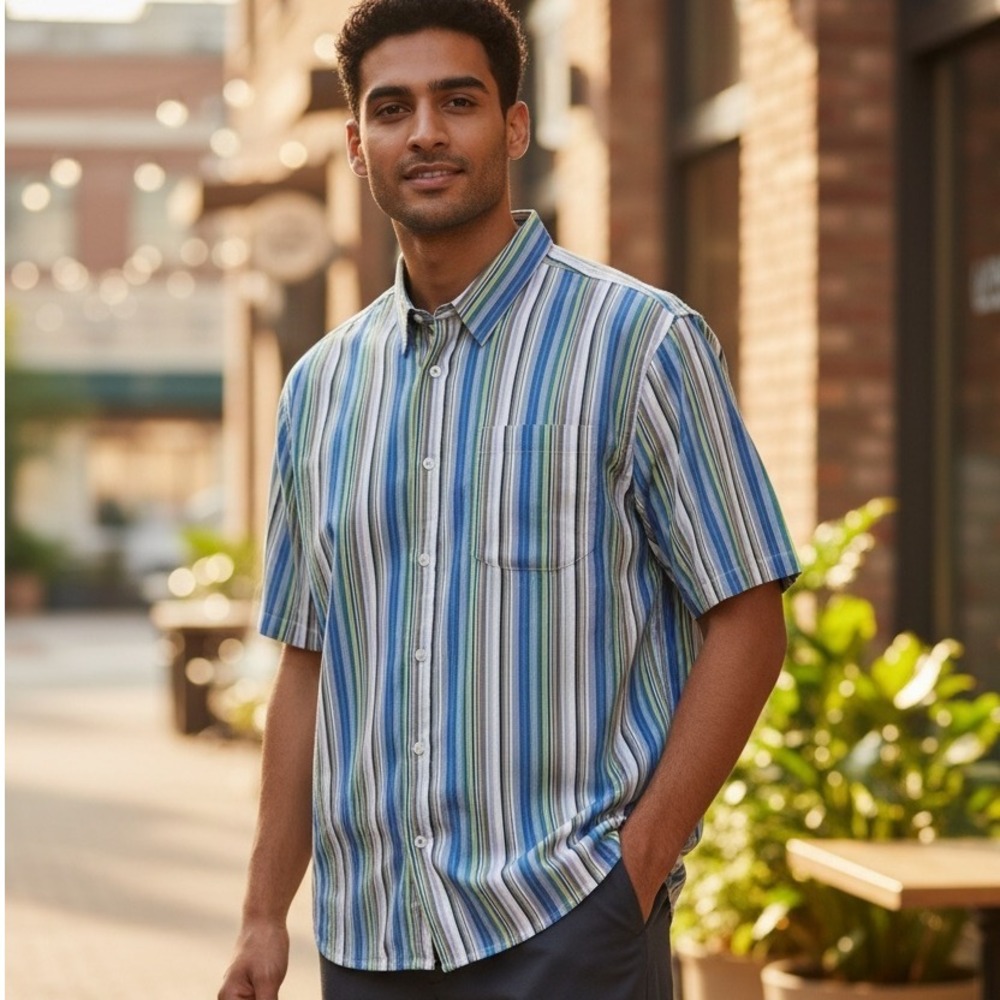 VTG Whatzup Mens Short‎ Sleeve Button Up Shirt Multi Color Stripe Casual Size L